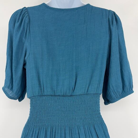 J.Gee Teal Smock Milkmaid Midi Dress Sz S Boho Cottagecore Puff Sleeve Romantic - Picture 8 of 12